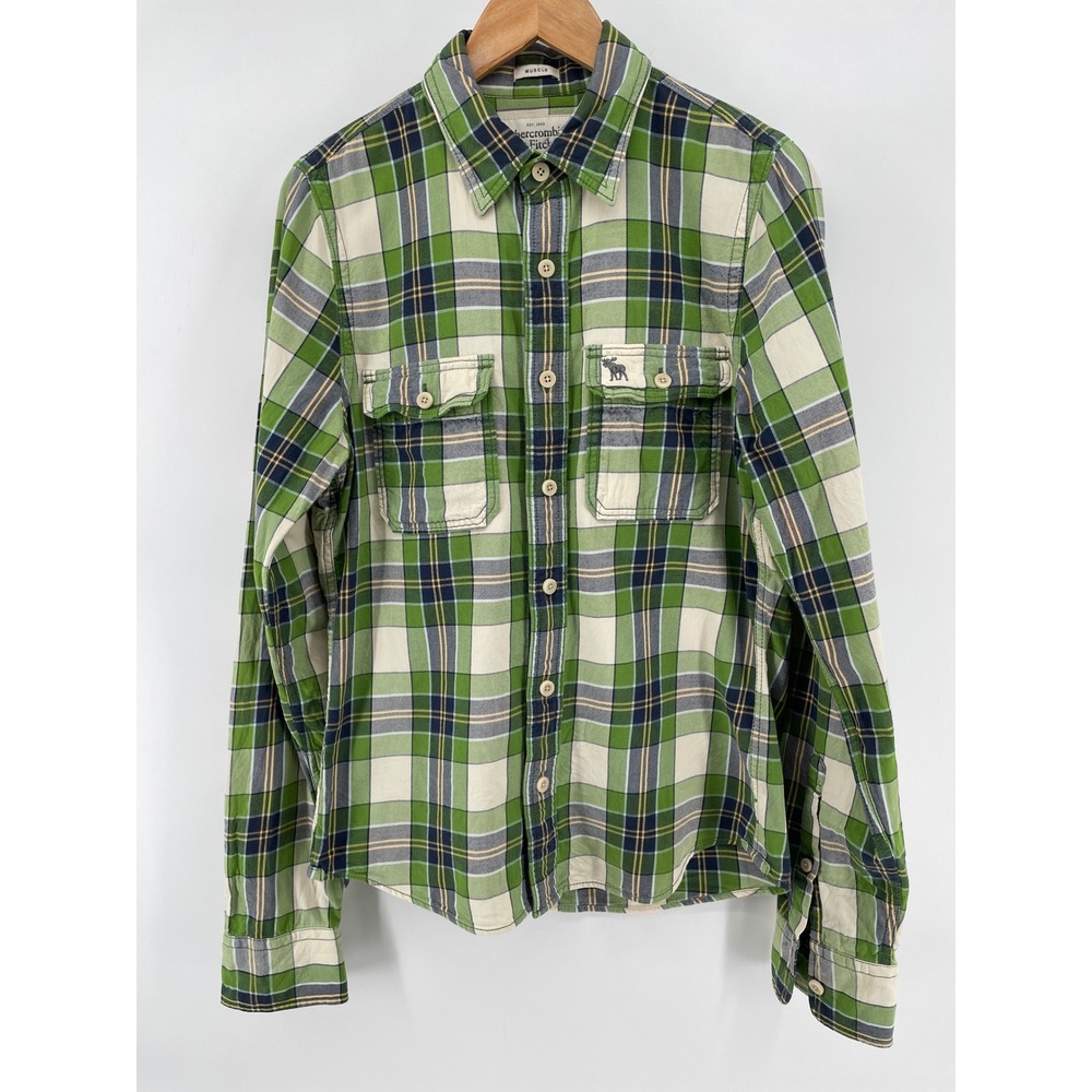 Abercrombie & Fitch Flannel Shirt Mens Medium Green Plaid Moose Logo Y2K Outdoor